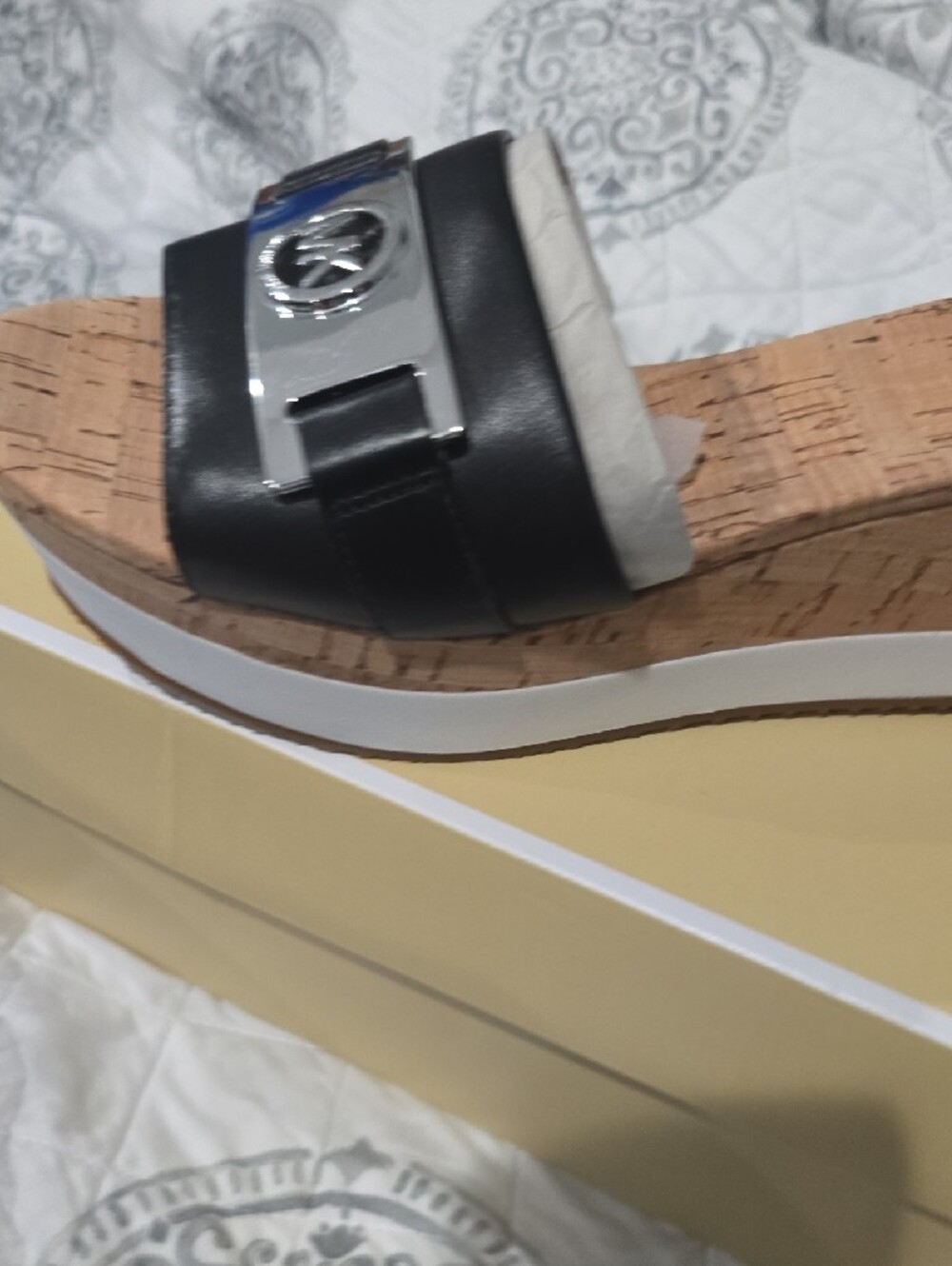 Michael Kors Black Leather Cork Slide with Silver MK Emblem - Picture 2 of 3